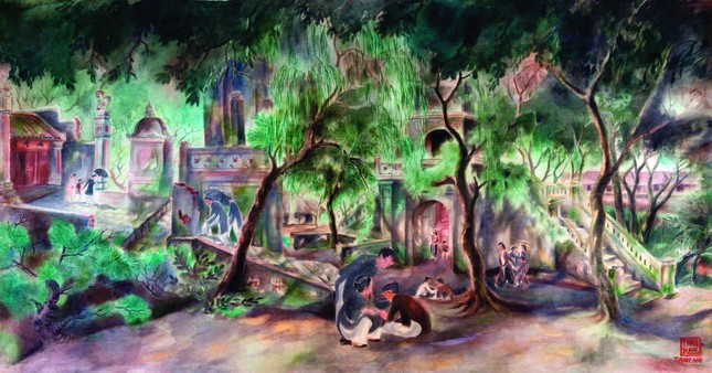 &quot;Trong chùa&quot;, màu nước trên lụa, Trần Hà (1911 - 1974)