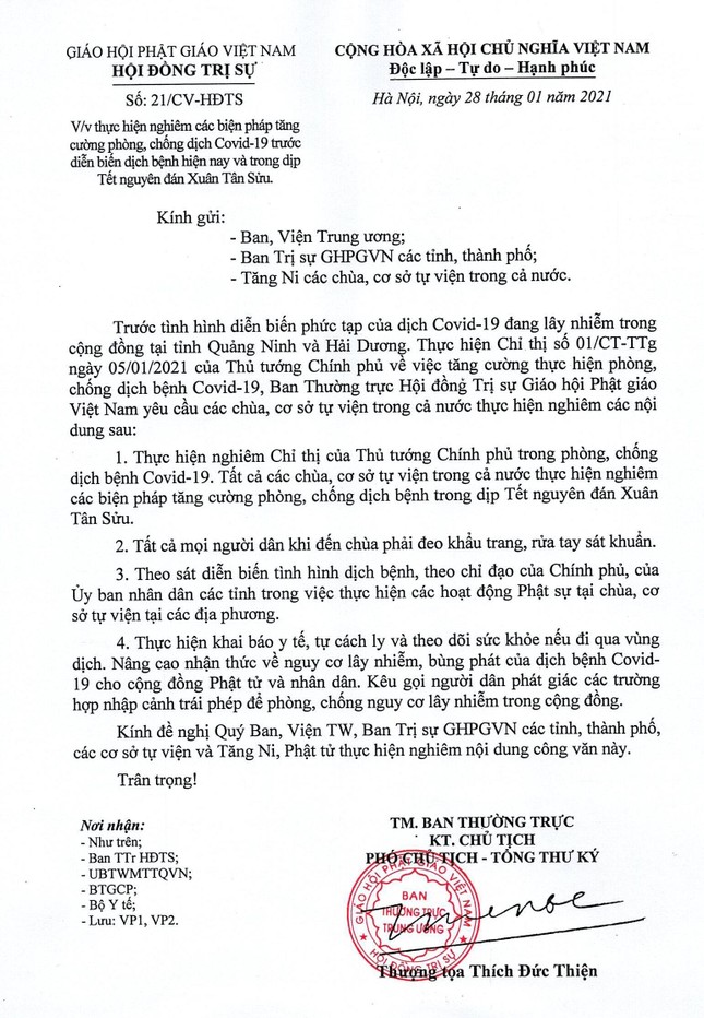 Công văn do Thượng tọa Thích Đức Thiện ký ban hành hôm nay, 28-1-2021 Công văn do Thượng tọa Thích Đức Thiện ký ban hành hôm nay, 28-1-2021