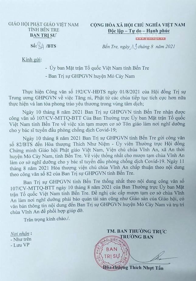 Văn bản của Ban Thường trực Ban Trị sự Phật giáo tỉnh Bến Tre ngày 10-8-2021 Văn bản của Ban Thường trực Ban Trị sự Phật giáo tỉnh Bến Tre ngày 10-8-2021
