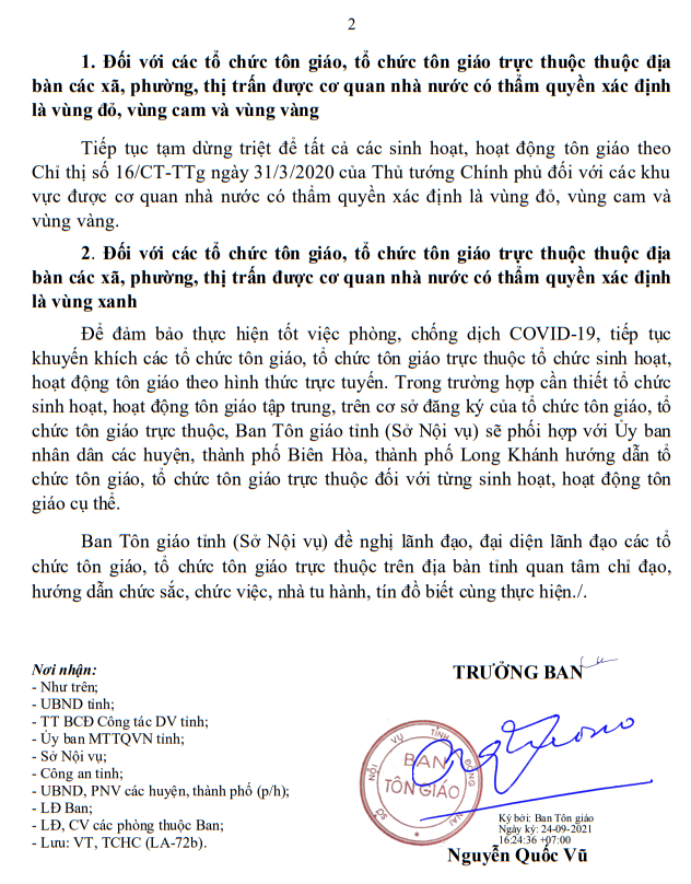 Văn bản của Ban Tôn giáo tỉnh Đồng Nai hướng dẫn sinh hoạt tôn giáo trong tình hình mới Văn bản của Ban Tôn giáo tỉnh Đồng Nai hướng dẫn sinh hoạt tôn giáo trong tình hình mới