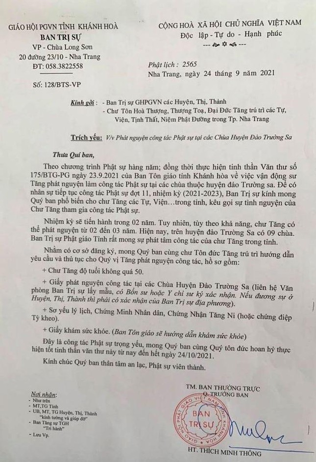 Văn bản do Hòa thượng Thích Minh Thông ban hành ngày 24-9-2021