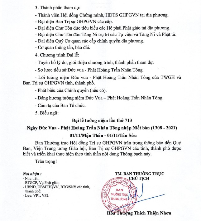 Thông bạch của Ban Thường trực Hội đồng Trị sự GHPGVN, ngày 7-11-2021