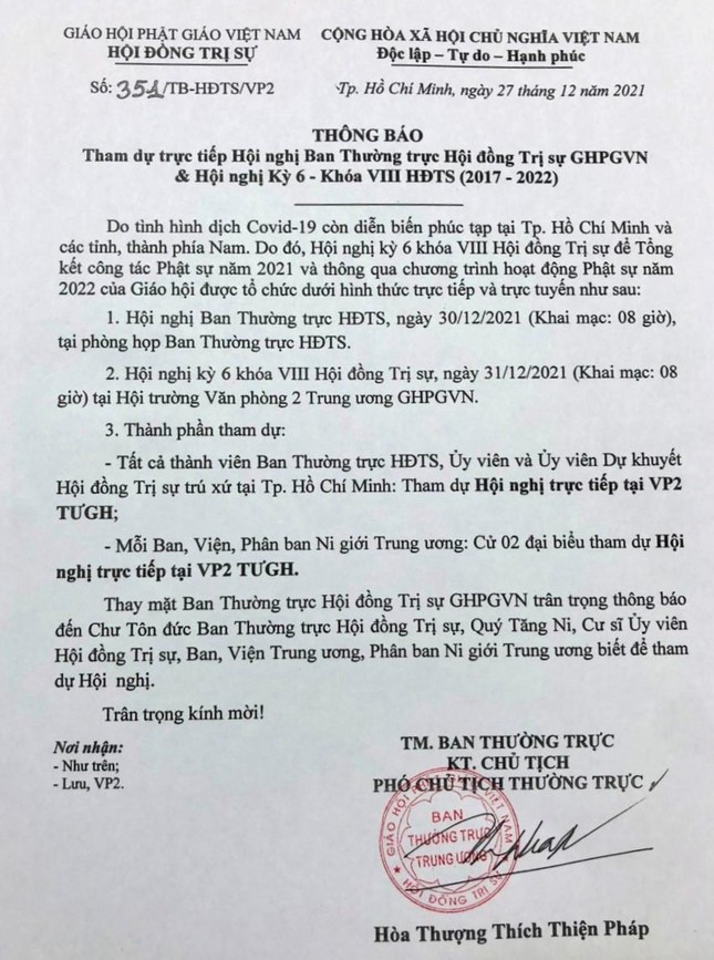 Thông báo của Ban Thường trực Hội đồng Trị sự, ngày 27-12-2021 Thông báo của Ban Thường trực Hội đồng Trị sự, ngày 27-12-2021