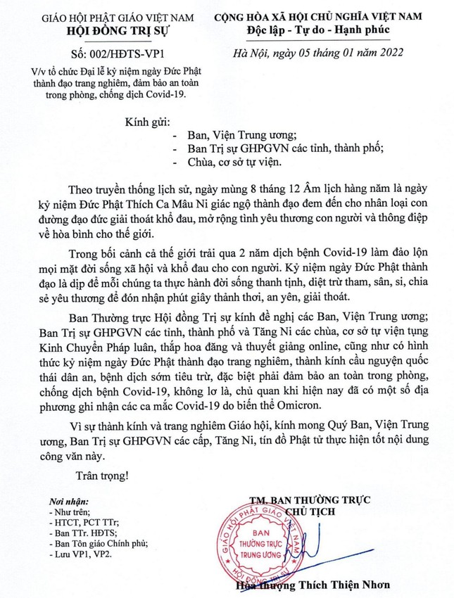 Công văn của Ban Thường trực Hội đồng Trị sự, ngày 5-1-2022 Công văn của Ban Thường trực Hội đồng Trị sự, ngày 5-1-2022