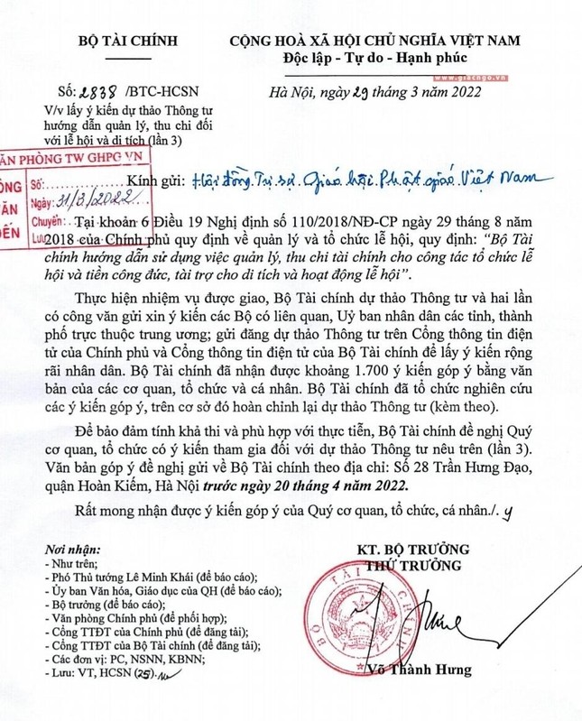 Công văn của Thứ trưởng Bộ Tài chánh Võ Thành Hưng gởi Hội đồng Trị sự