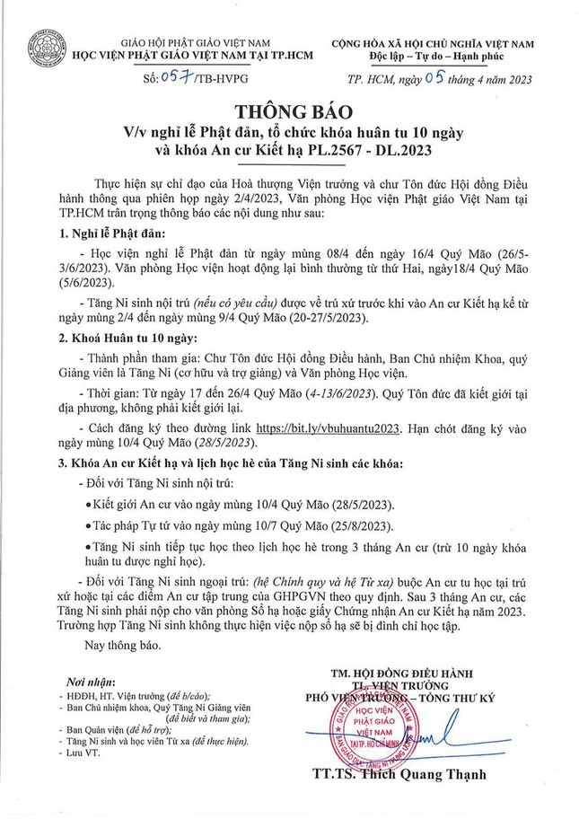 Thông báo của Học viện Phật giáo VN tại TP.HCM