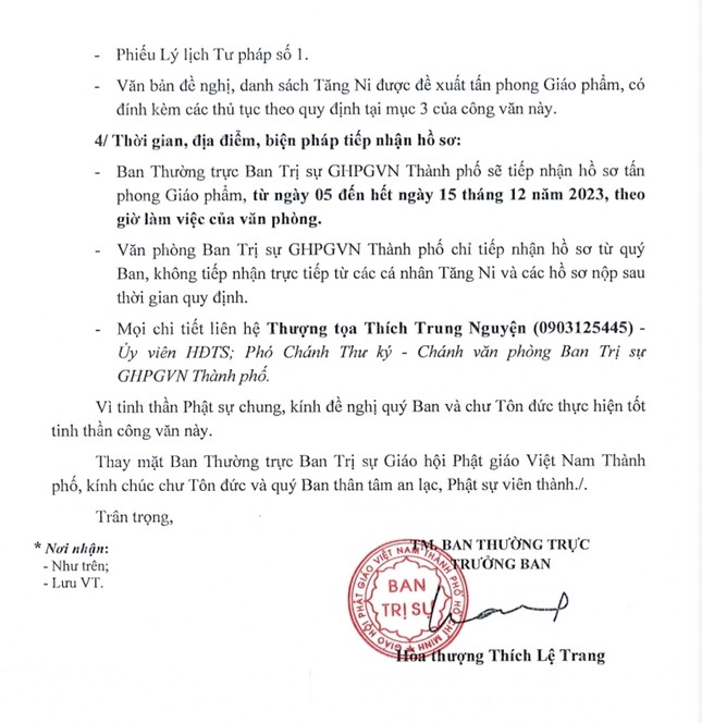 Thông báo về việc tấn phong giáo phẩm của Ban Thường trực Ban Trị sự GHPGVN TP.HCM