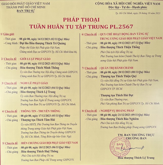 Các chuyên đề trong mỗi buổi sáng của khóa huân tu tại Việt Nam Quốc Tự