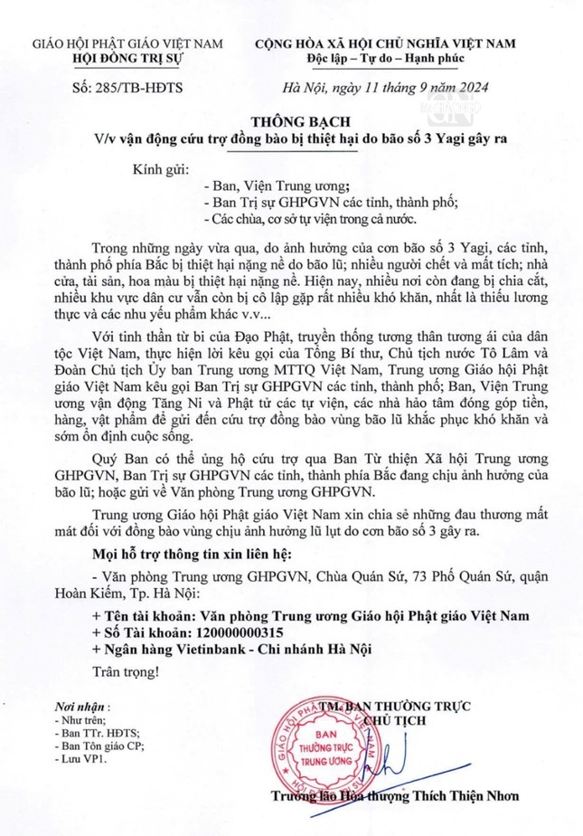Thông bạch cứu trợ do Trưởng lão Hòa thượng Thích Thiện Nhơn ấn ký Thông bạch cứu trợ do Trưởng lão Hòa thượng Thích Thiện Nhơn ấn ký