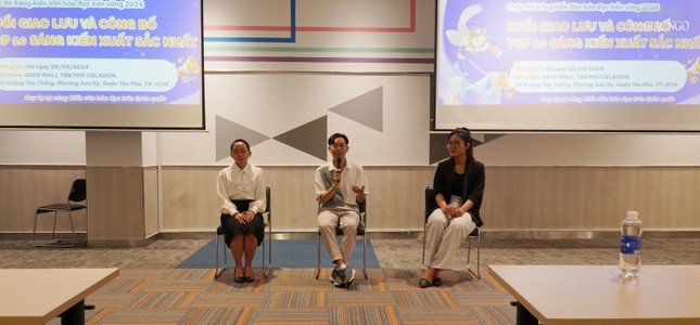 Anh Nguyễn Hữu Phước,Trưởng Ban tổ chức Lang Thang Communit (giữa), chị Trần Thị Mỹ Dung, Sáng lập dự án Văn hóa đọc Việt Nam (trái) và chị Nguyễn Ngọc Hà, Trưởng ban Tổ chức cuộc thi thông tin đến báo chí về cuộc thi &quot;Sáng kiến văn hóa đọc bền vững 2024&quot;