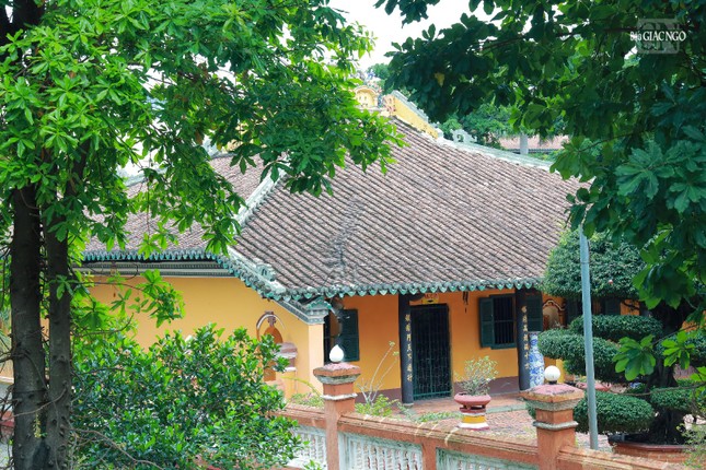 Mái được kết hợp dạng 4 mái nhọn dần phía trên, còn gọi là dạng mái hình bánh ít. Mỗi đầu kèo ở hàng tư chùa đều tạc đầu rồng, trính đẽo lục giác, mái lợp ngói máng xối (âm dương). Hàng cột hai bên tả hữu chính điện được thay bằng lớp tường dày 30cm