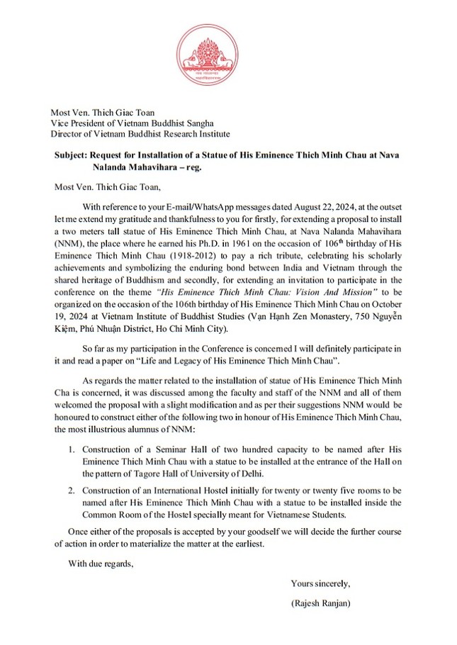 Thư phúc đáp của Nava Nalanda Mahavihara Thư phúc đáp của Nava Nalanda Mahavihara