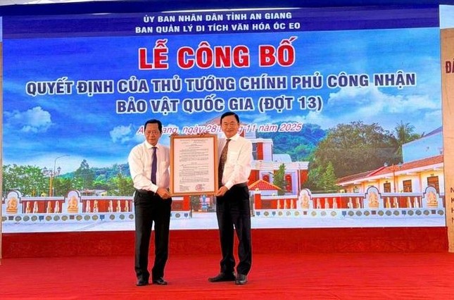 Ban Quản lý Di tích Văn hóa Óc Eo nhận quyết định công nhận Đầu tượng Phật Linh Sơn Bắc và Mộ vò Gò Cây Trâm là hai Bảo vật quốc gia