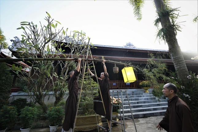 Thượng tọa Thích Hải Đức hướng dẫn chư Tăng chuẩn bị dựng nêu