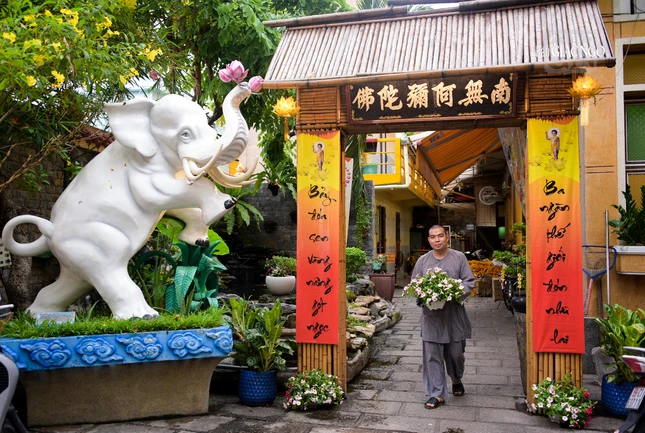 Một vị Tăng đang bố trí lại các chậu hoa trong khuôn viên Linh Quang tịnh xá