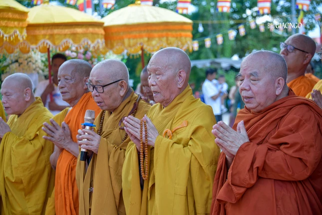 Trưởng lão Hòa thượng Thích Như Tín hướng dẫn các thành viên tụng kinh cầu nguyện