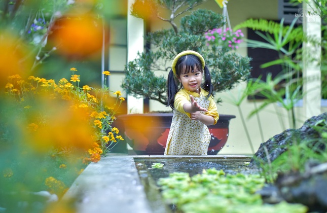 Các em nhỏ lên chùa vui chơi với cỏ cây, hoa lá trong vườn chùa