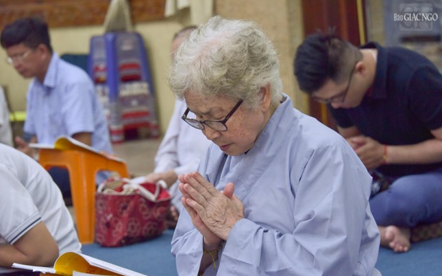 Một cụ già thành kính đảnh lễ Tam bảo