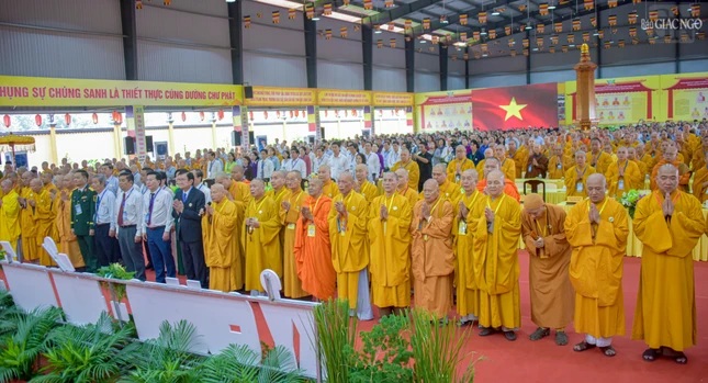 Chư tôn đức, đại biểu thực hiện nghi thức chào Quốc kỳ, Đạo kỳ