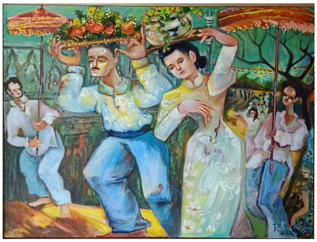 Tác phẩm "Dâng hoa lễ Phật" bằng chất liệu sơn dầu của tác giả Nguyễn Hiếu Dân và “Giao hòa” bằng chất liệu gốm của tác giả Đặng Đình Chưởng
