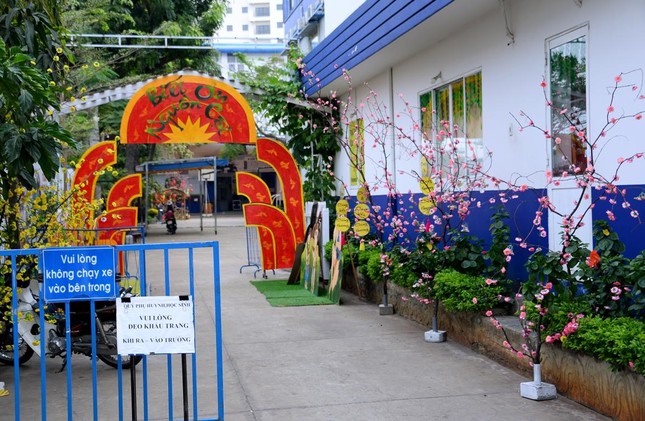 Trường Tiểu học Dân lập (đường Lương Định Của) trang trí Tết với mai, đào nhưng vẫn không quên gắn biển nhắc nhở đeo khẩu trang