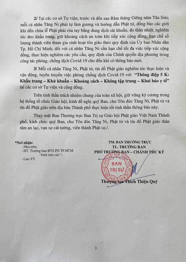 Thông báo mới nhất của Ban Trị sự GHPGVN TP.HCM về phòng, chống Covid-19