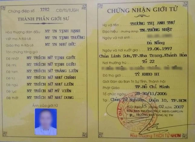 Chứng điệp thọ giới Tỳ-kheo-ni của SC.Thích nữ Thông Nhật - Ảnh: NVCC