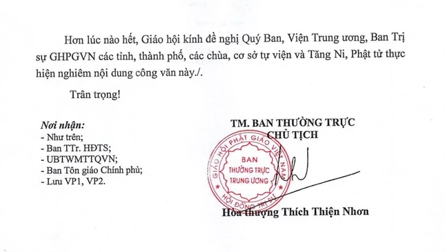 Ảnh bản công văn của Trung ương GHPGVN