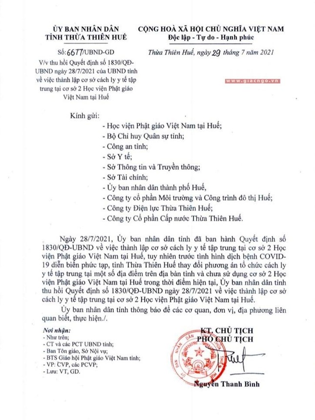 Ảnh bản quyết định mới nhất của UBND tỉnh Thừa Thiên Huế trưa ngày 29-7-2021