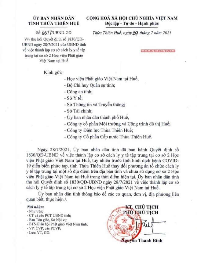 Ảnh bản quyết định mới nhất của UBND tỉnh Thừa Thiên Huế trưa ngày 29-7-2021