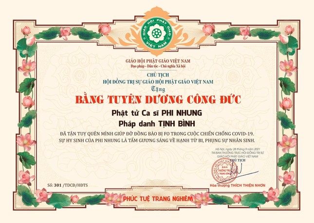 Bằng tuyên dương công đức của Hoà thượng Thích Thiện Nhơn đối với Phật tử - ca sĩ Phi Nhung