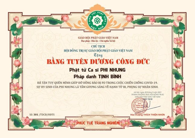 Bằng tuyên dương công đức của Hoà thượng Thích Thiện Nhơn đối với Phật tử - ca sĩ Phi Nhung