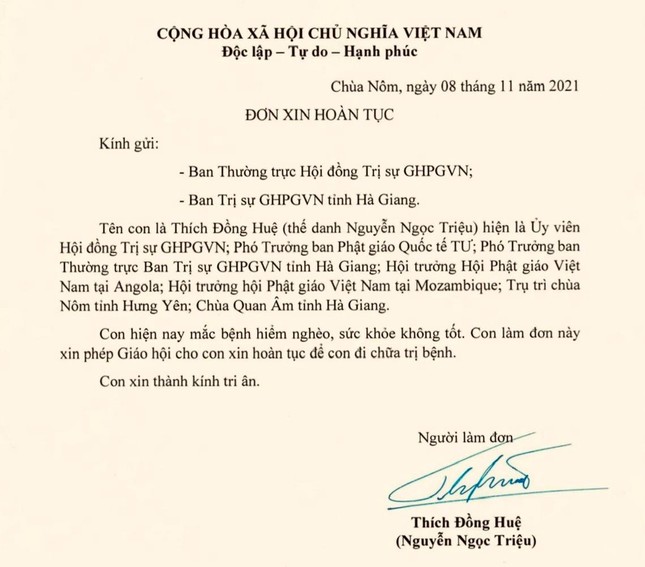 Ảnh chụp đơn xin hoàn tục của tu sĩ Thích Đồng Huệ gửi Ban Thường trực Hội đồng Trị sự và Ban Trị sự GHPGVN tỉnh Hà Giang