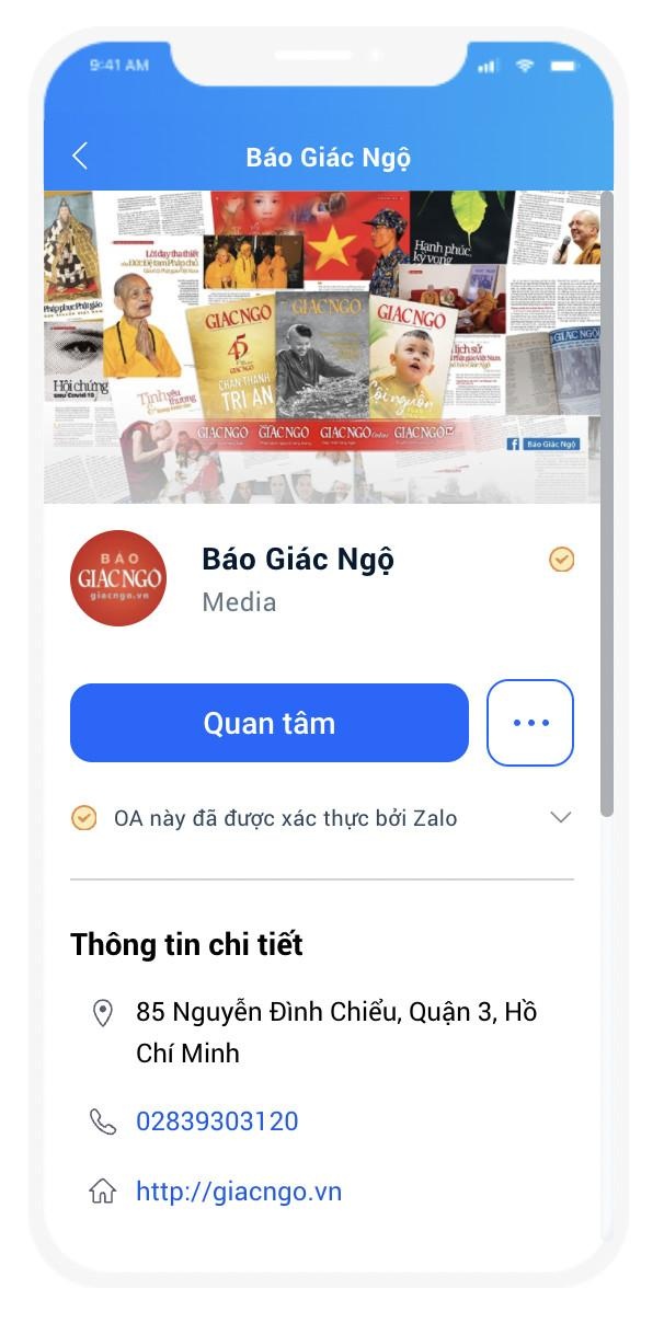 Giao diện Báo Giác Ngộ trên ứng dụng Zalo