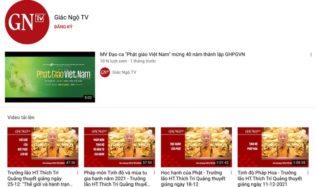 Kênh Giác Ngộ TV trên YouTube được ủy quyền quản lý các pháp thoại của Trưởng lão Hòa thượng Thích Trí Quảng