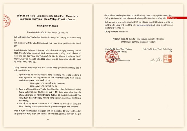 Ảnh bản thông báo chính thức di huấn của Thiền sư Thích Nhất Hạnh - Ảnh: Quảng Điền