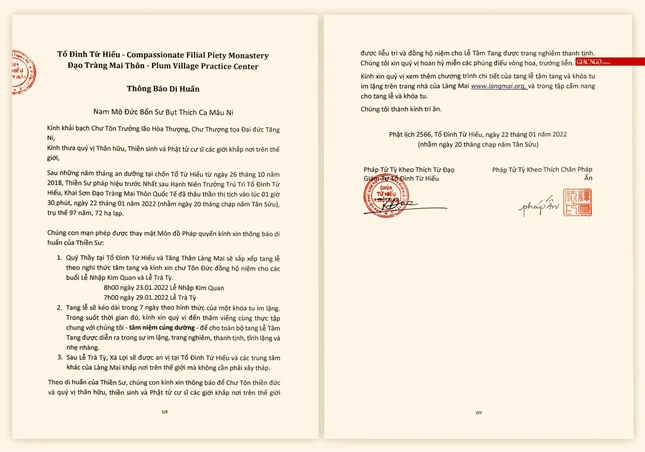 Ảnh bản thông báo chính thức di huấn của Thiền sư Thích Nhất Hạnh - Ảnh: Quảng Điền