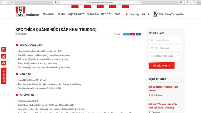 Thông tin "KFC Thích Quảng Đức (sắp khai trương)" trên website chính thức của KFC Việt Nam - Ảnh chụp màn hình