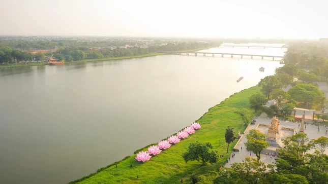 7 đóa sen khổng lồ chuẩn bị hạ thủy trên dòng sông Hương thơ mộng của cố đô Huế, đoạn giữa cầu Phú Xuân và cầu Bạch Hổ, trước Nghinh Lương đình và bia Quốc Học