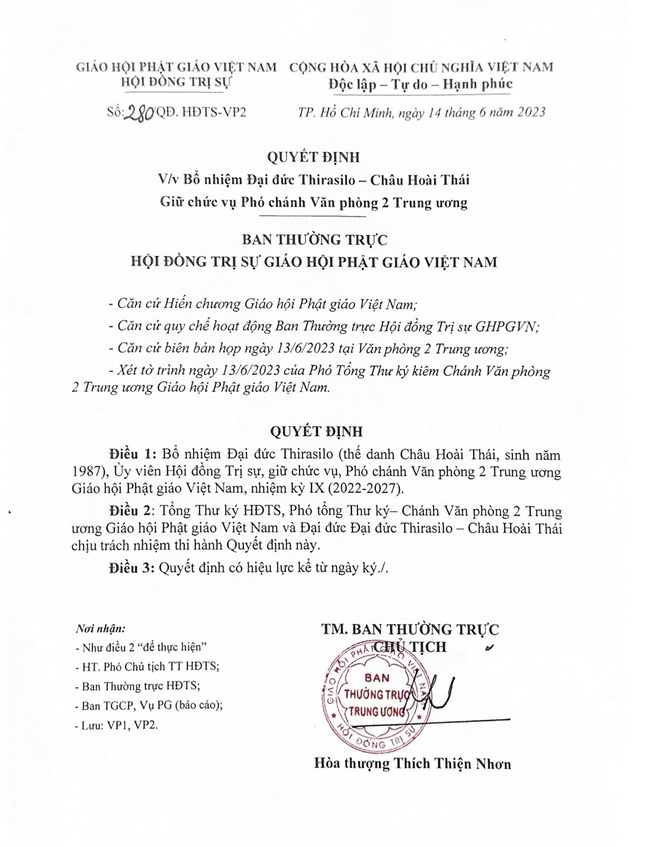 Ảnh bản các quyết định của Hòa thượng Thích Thiện Nhơn, Chủ tịch Hội đồng Trị sự GHPGVN ấn ký về bổ nhiệm nhân sự lãnh đạo T.Ư GHPGVN