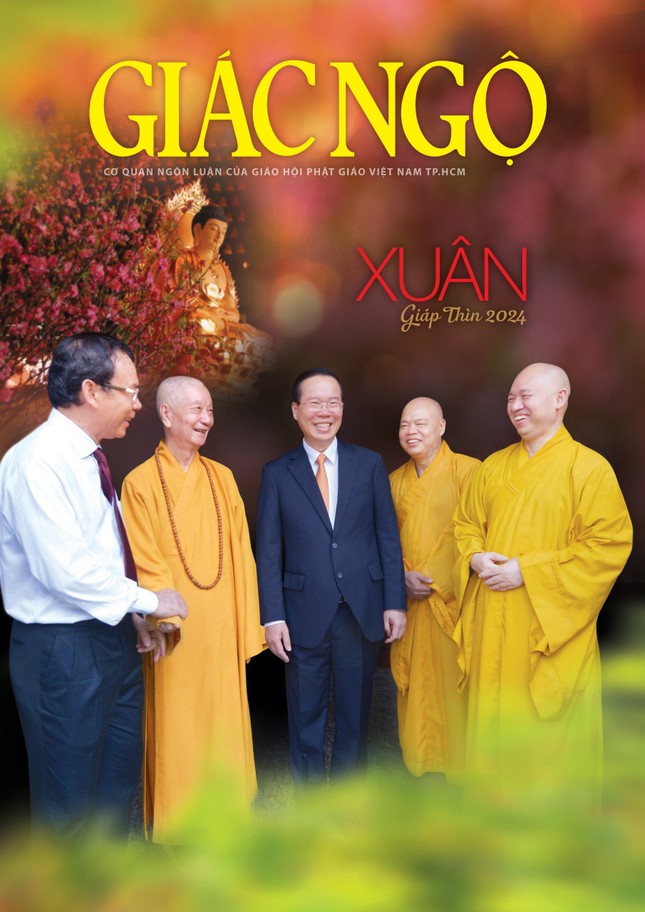 Chủ tịch nước Võ Văn Thưởng cùng Bí thư Thành ủy TP.HCM Nguyễn Văn Nên thăm Đức Pháp chủ GHPGVN - Ảnh: Hữu Khoa, Mỹ thuật: Tống Viết Diễn