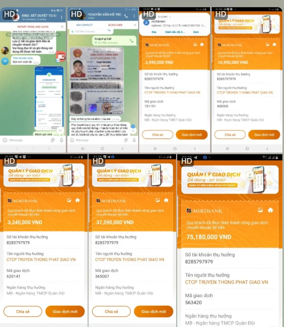 Thông tin một số giao dịch qua ngân hàng tiền chuyển vào tài khoản của kẻ xấu mạo danh Hòa thượng Thích Hải Ấn và Hội đồng Trị sự, Học viện Phật giáo VN tại Huế