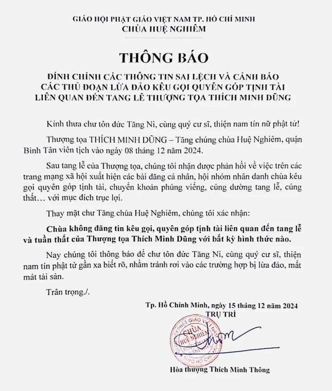 Thông báo từ chùa Huệ Nghiêm do Trưởng lão Hòa thượng Thích Minh Thông ký