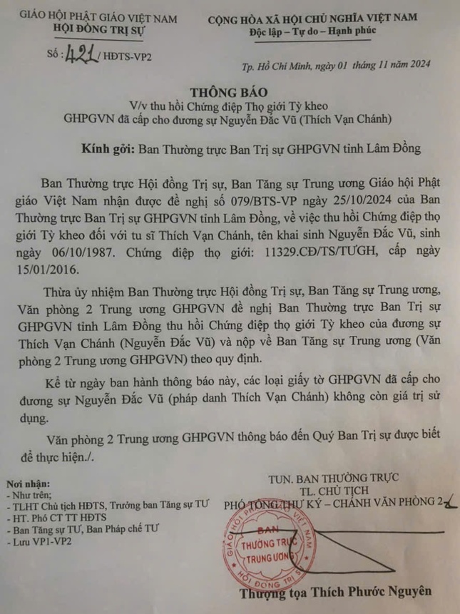 Văn bản thông báo của Văn phòng II Trung ương GHPGVN thu hồi các loại giấy tờ đã cấp cho Nguyễn Đắc Vũ (Thích Vạn Chánh)