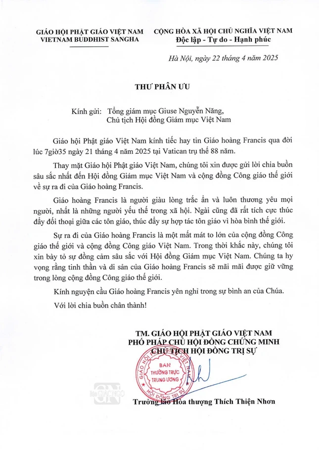Toàn văn Thư phân ưu của Giáo hội Phật giáo Việt Nam gửi đến Hội đồng Giám mục Việt Nam