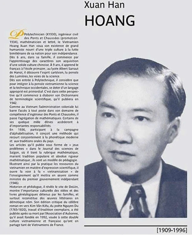 Tiểu sử giáo sư Hoàng Xuân Hãn được gắn trước phòng học ngoại ngữ của Trường Cầu đường Paris (Ponts et Chaussées). Ông được vinh danh là một trong 100 sinh viên tiêu biểu nhất, tên của ông cũng được đặt cho giảng đường đại học của trường - Ảnh: Tư liệu