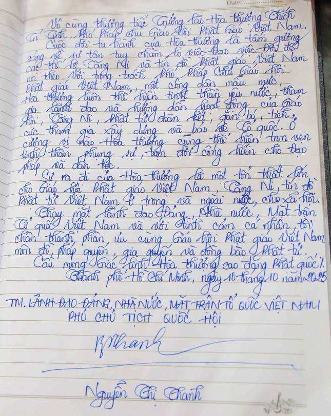 Nội dung ghi sổ tang của phái đoàn lãnh đạo Đảng, Nhà nước, MTTQVN viếng tang Trưởng lão Hòa thượng Thích Trí Tịnh