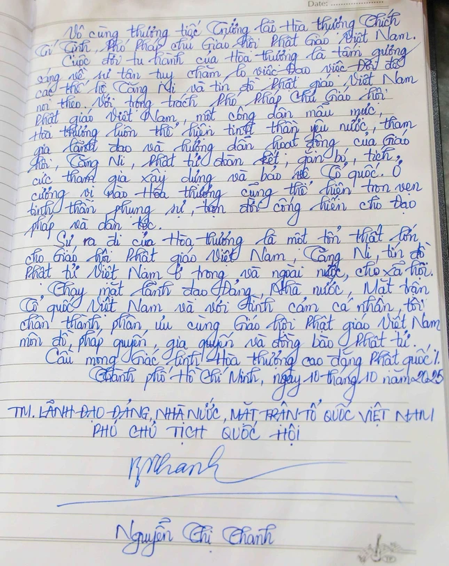 Nội dung ghi sổ tang của phái đoàn lãnh đạo Đảng, Nhà nước, MTTQVN viếng tang Trưởng lão Hòa thượng Thích Trí Tịnh