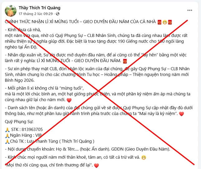 Mạo danh Hòa thượng Thích Trí Quảng và kêu gọi chuyển tiền vào tài khoản người có tên Lưu Thanh Tùng, mở tại Ngân hàng VIB Mạo danh Hòa thượng Thích Trí Quảng và kêu gọi chuyển tiền vào tài khoản người có tên Lưu Thanh Tùng, mở tại Ngân hàng VIB