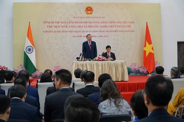Tổng Bí thư, Chủ tịch nước Tô Lâm phát biểu tại buổi thăm, gặp gỡ cộng đồng người Việt Nam tại Ấn Độ